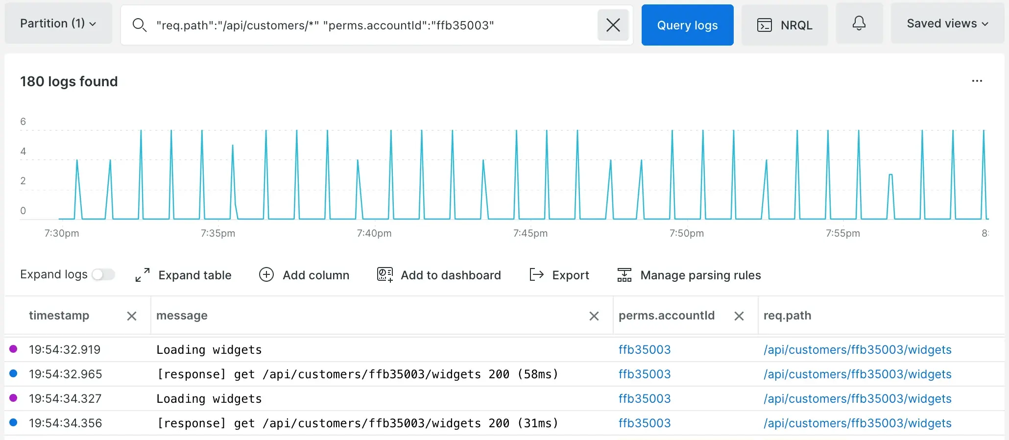 Example Newrelic log search, filtering by 